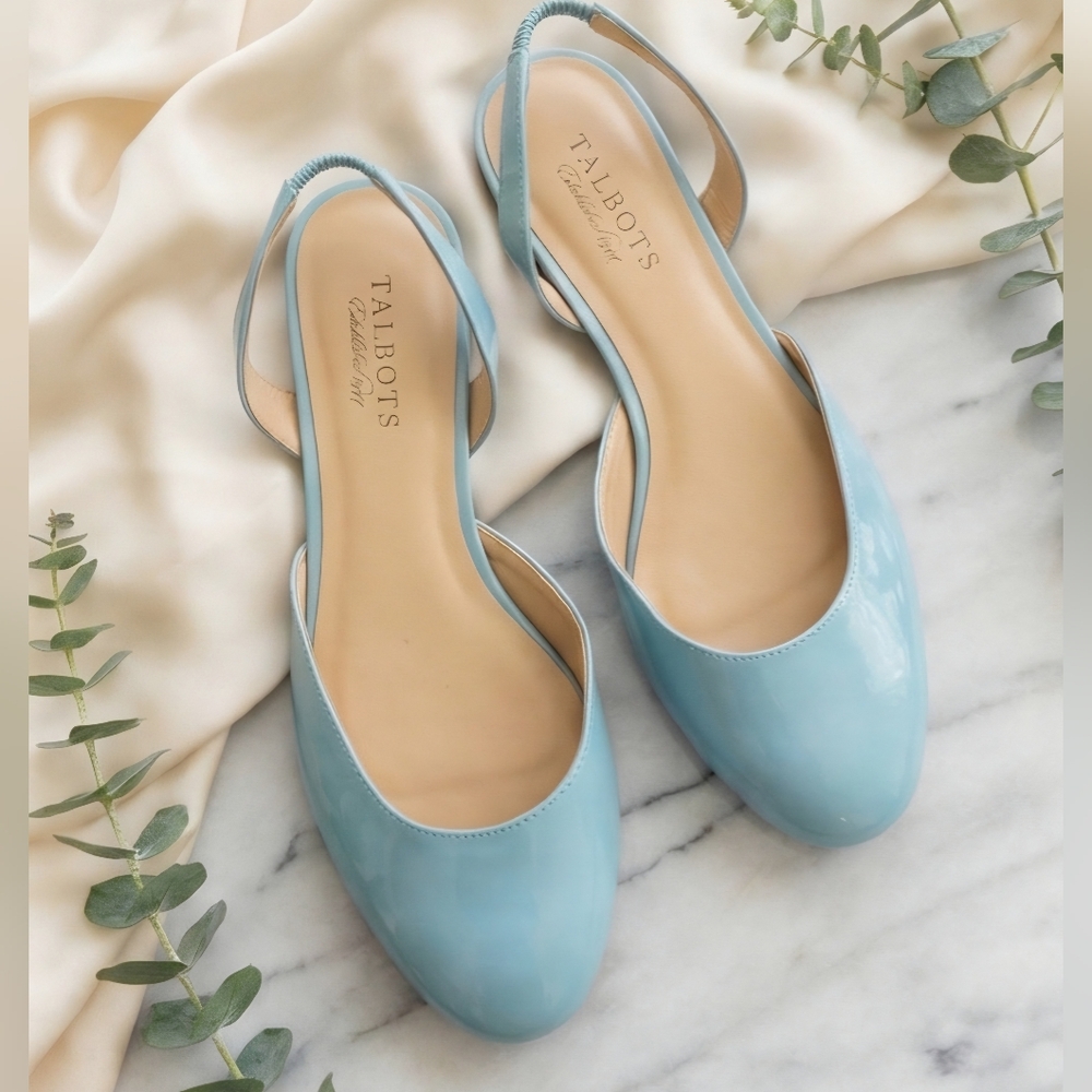 Talbots Light Blue Patent Leather Slingback Flats Brazil Wide Width 9.5W